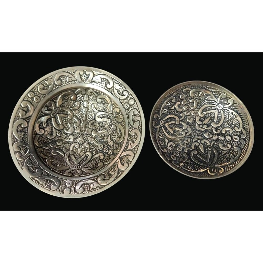 Vintage Thai Handcrafted Silver-Plated Decorative Bowls Set Of 2 T22 L